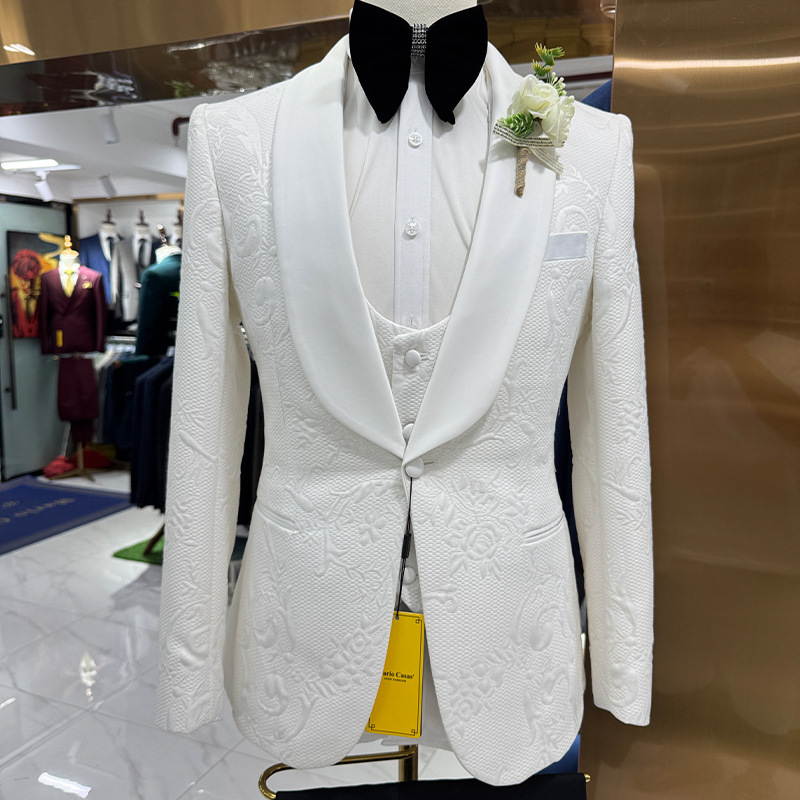 Formal Wear For Men In Wedding - Heren trouwpak wit 3-delig jacquard pak