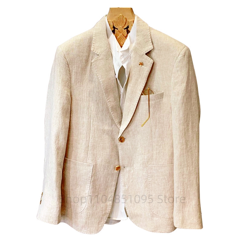 Men Formal Wear Summer - Beige herenpak linnen blazers jassen zakelijk