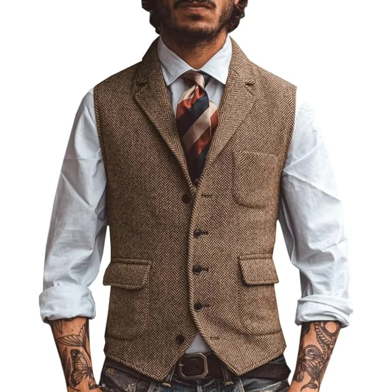 Men'S Formal Wear Waistcoat - Retro Tweed herenvest met visgraatmotief en