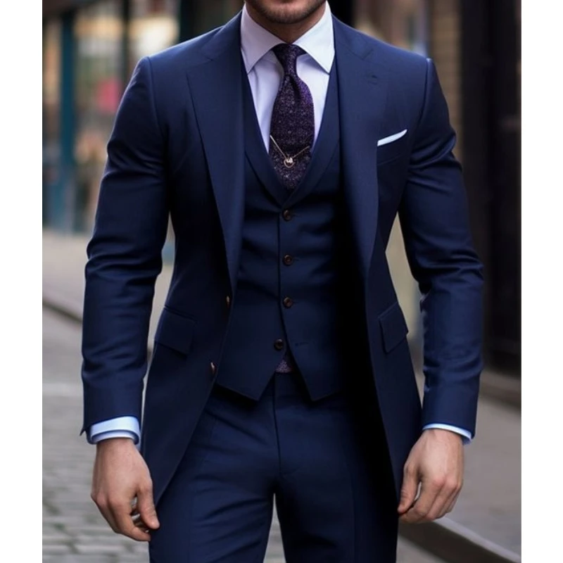Formal Wear For Men In Wedding - Marineblauwe 3 Stuks Casual Mannenpakken Slim-Fit