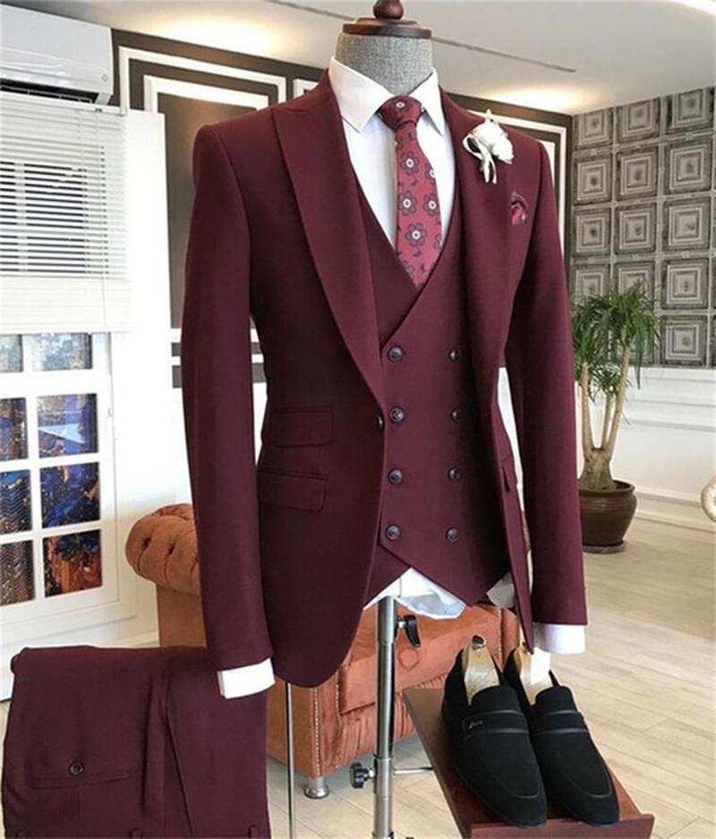 Formal Wear For Men In Wedding - 2021 Bordeaux Dubbele Breasted Vest Kostuum