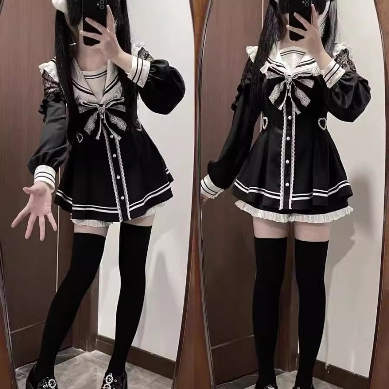 Slim Fit Suit Set - Jirai Kei Sailor zwarte jurk kant