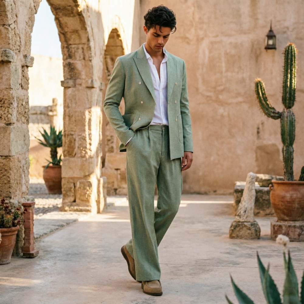 Men'S Relaxed Formal Wear - Saliegroen linnen herenpakken, ontspannen, dubbelgeknoopt, 2-delig,