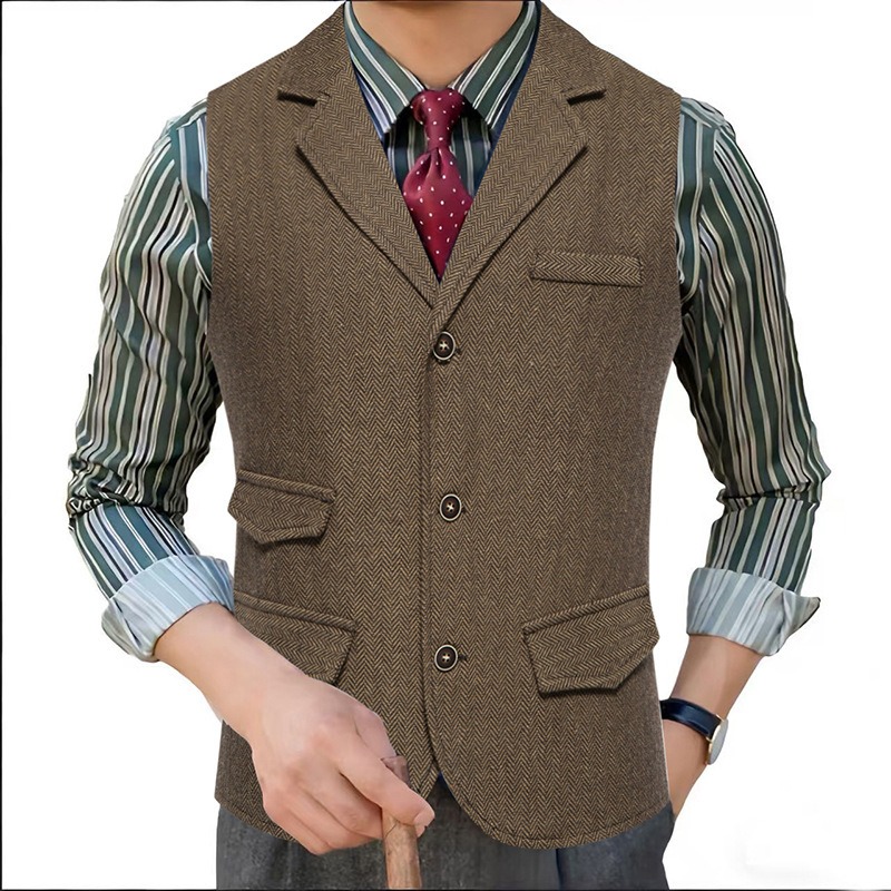 Men'S Formal Wear Waistcoat - Heren herringbone tweed pakvest met notch